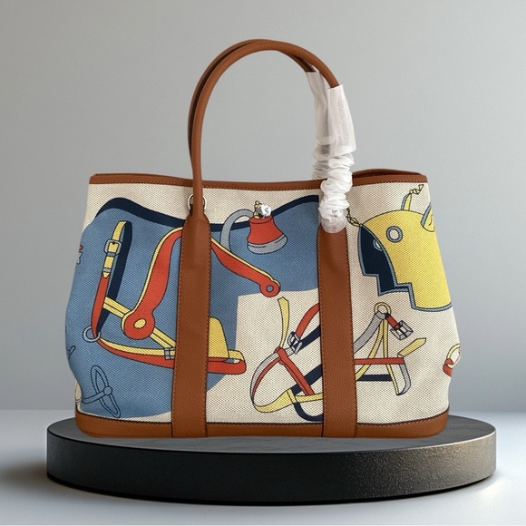 New Stylish Brown Leather Canvas Multicolor Crossbody Tote Bag Removable Strap - Picture 3 of 8